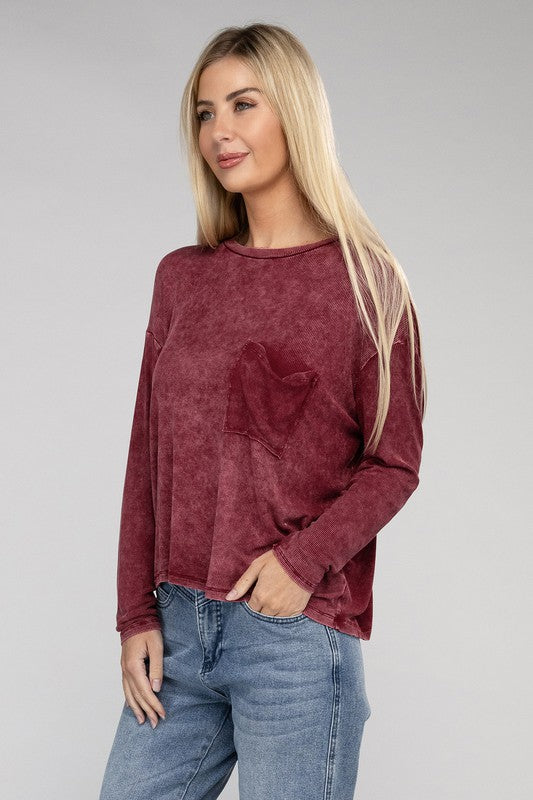 Zenana Color Washed Chest Pocket Long Sleeve T-Shirt in 3 Colors