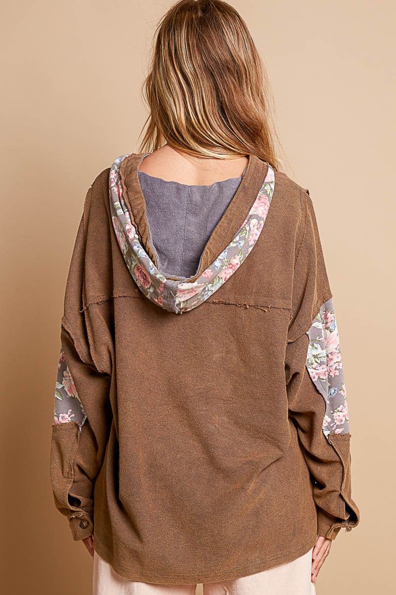 POL Star Patchwork Raw Edge French Terry Hoodie T-Shirt Top in Brown Multi