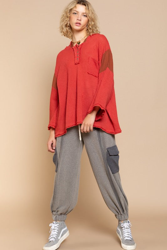 POL Oversized Hoodie Bell Sleeve Waffle-Knit Henley Tunic Top in Red or Black