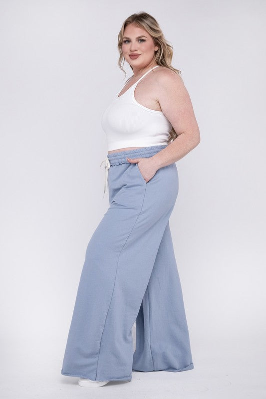 Zenana Plus French Terry Raw Hem Wide Leg Sweatpants in Ash Blue or Dusty Pink