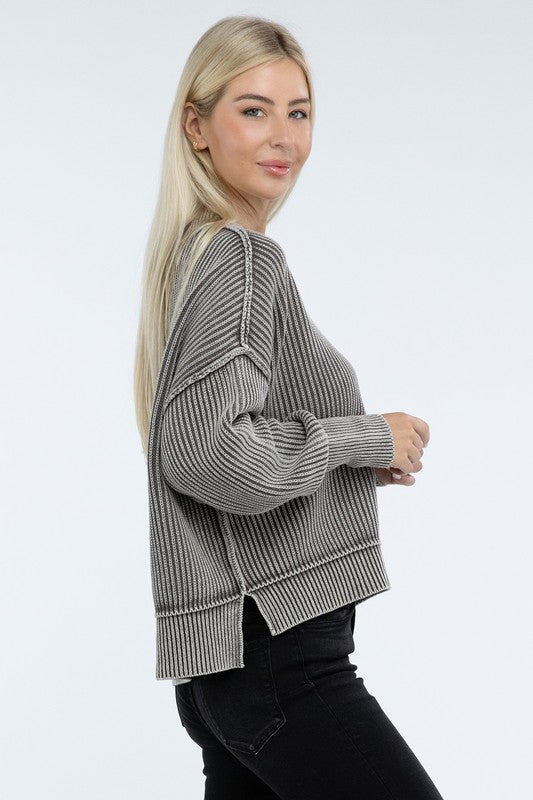 Zenana S/M L/XL Color Washed High-Low Hem Ribbed Cotton Sweater in 4 Colors