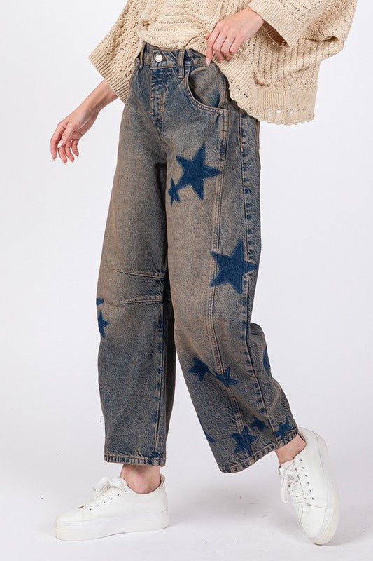 SAGE + FIG  Color Wash Star Print Wide Barrel Leg Jeans with Pockets Dark Wash Blue NWT