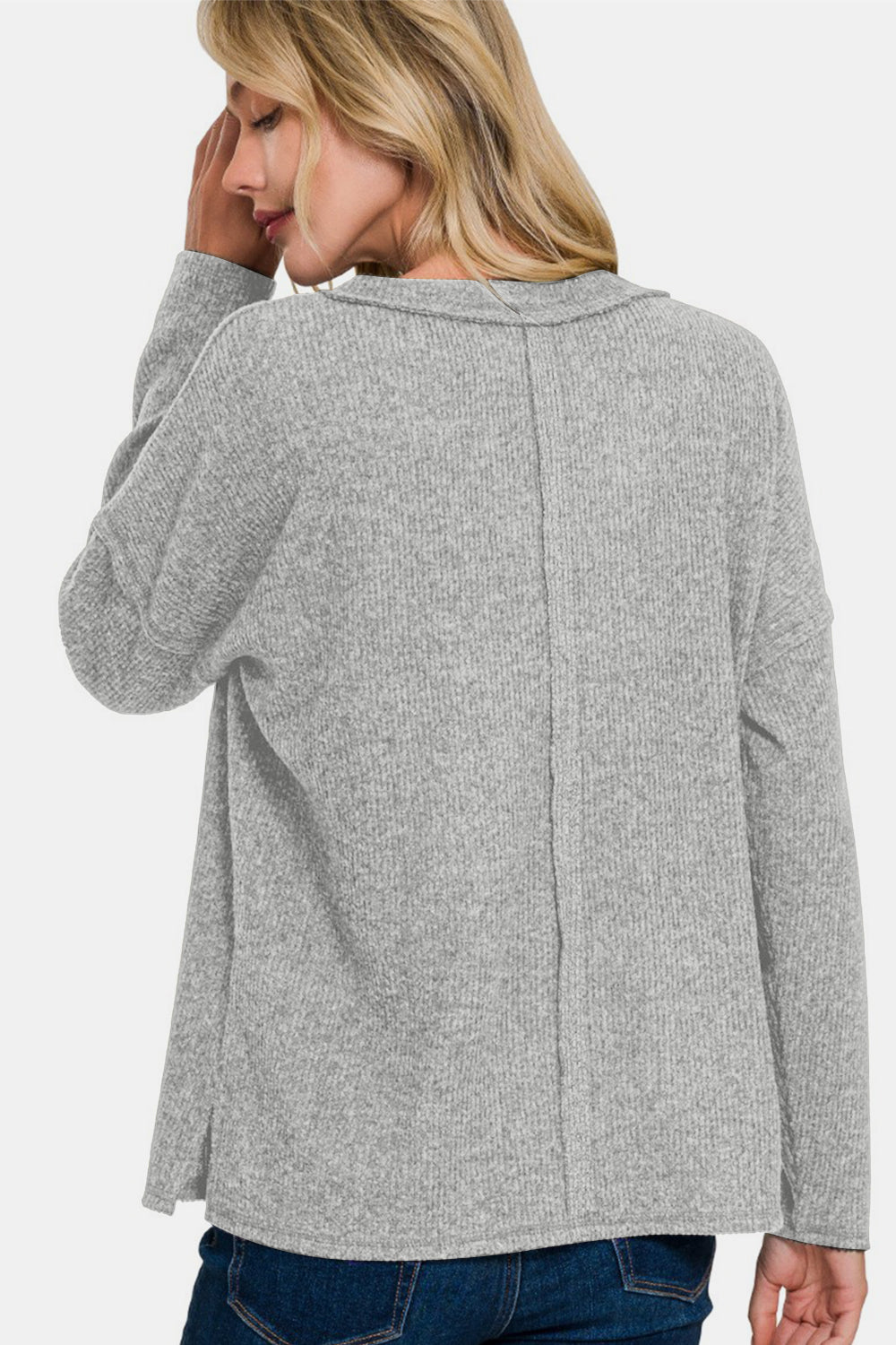 Zenana Exposed Seam Ribbed Long Sleeve V-Neck T-Shirt Top in Sleet Gray NWT