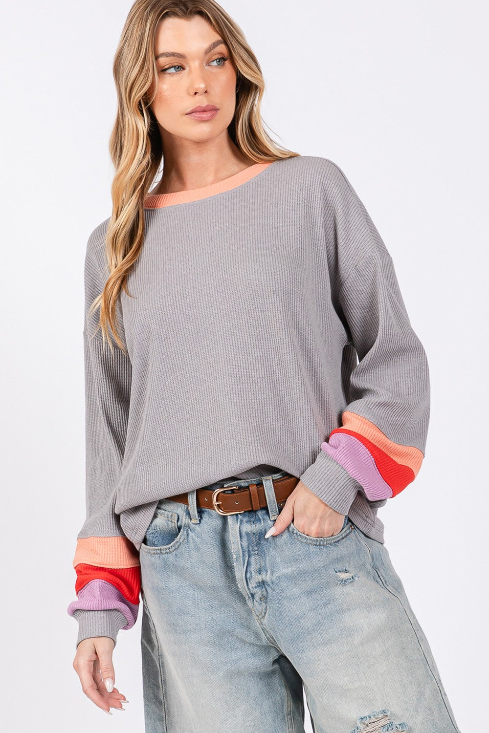 SAGE + FIG Color Block Long Sleeve Waffle-Knit T-Shirt in Gray Multi NWT