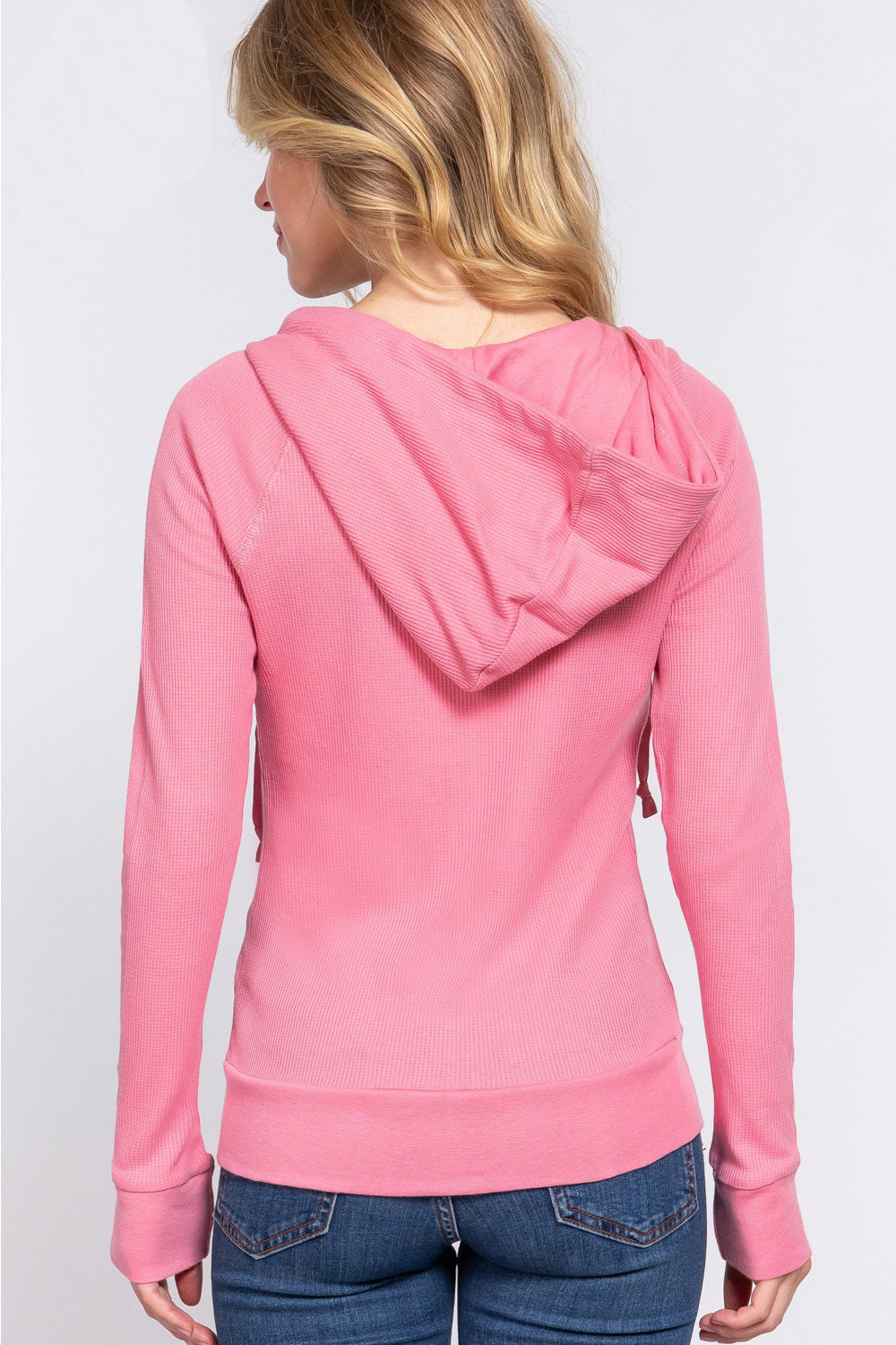 Zenana Waffle-Knit Full Zip Drawstring Hoodie Jacket in Deep Pink