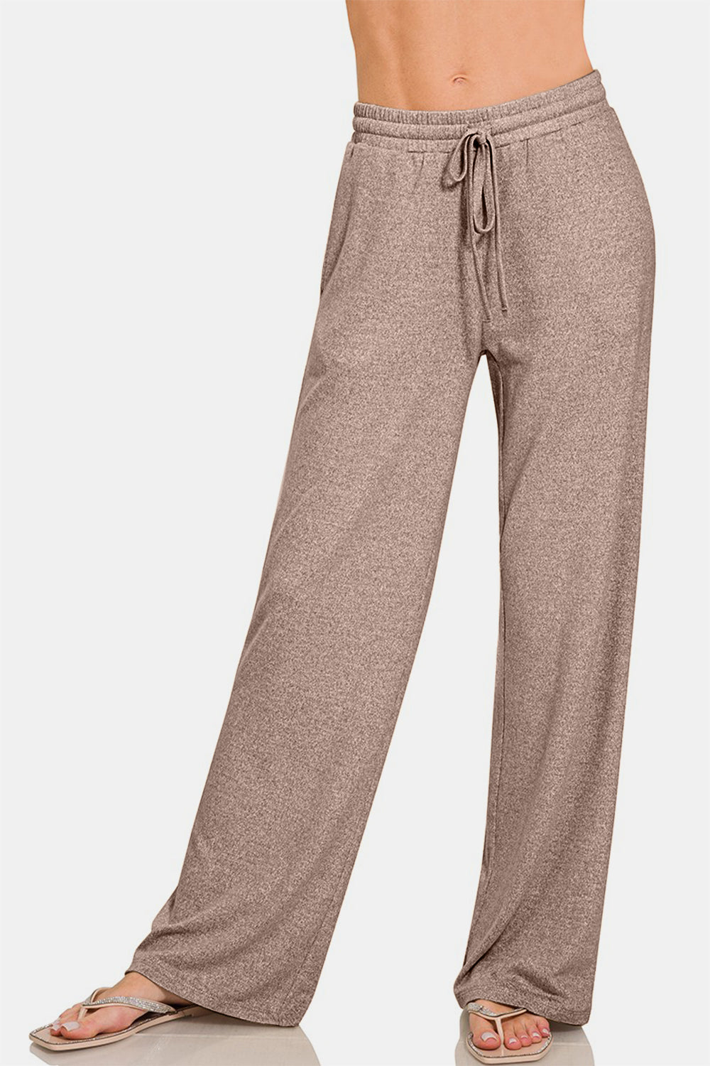 Zenana Drawstring Wide Leg Sweatpants with Side Pockets in Heather Brown