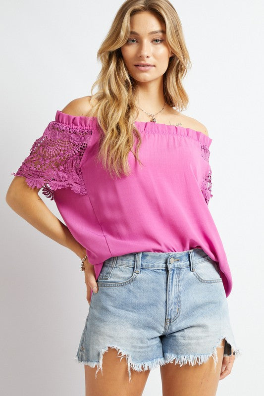 Davi & Dani Crochet Lace Sleeve Off Shoulder Top