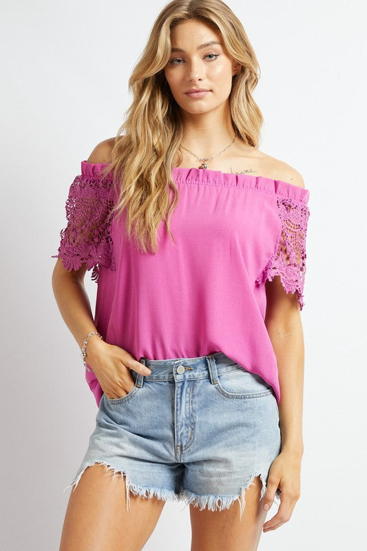 Davi & Dani Crochet Lace Sleeve Off Shoulder Top