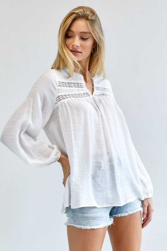 Davi & Dani Eyelet Long Sleeve V-Neck Blouse in Off White