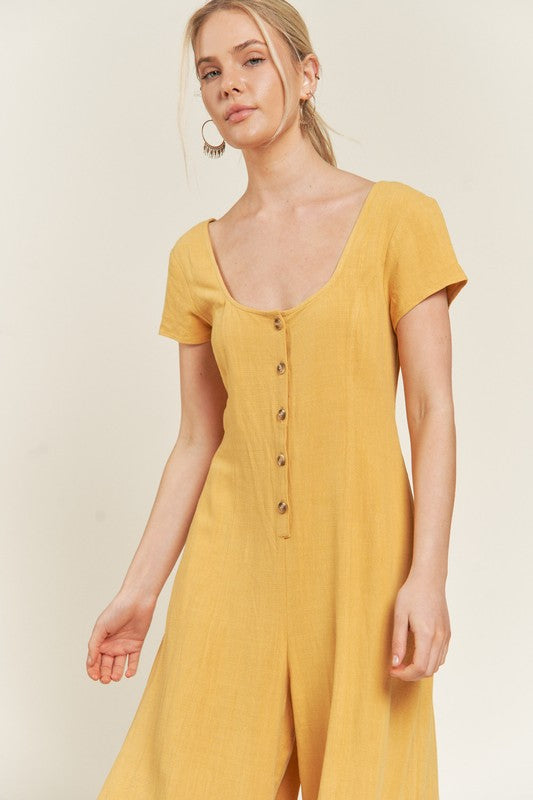 Jade by Jane Linen Button-Down Wide Leg Jumpsuit in Navy and Mustard