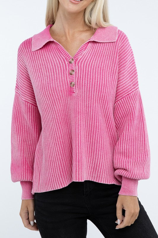 Zenana Color Washed Ribbed Collared Henley V-Neck Sweater in 6 Colors NWT