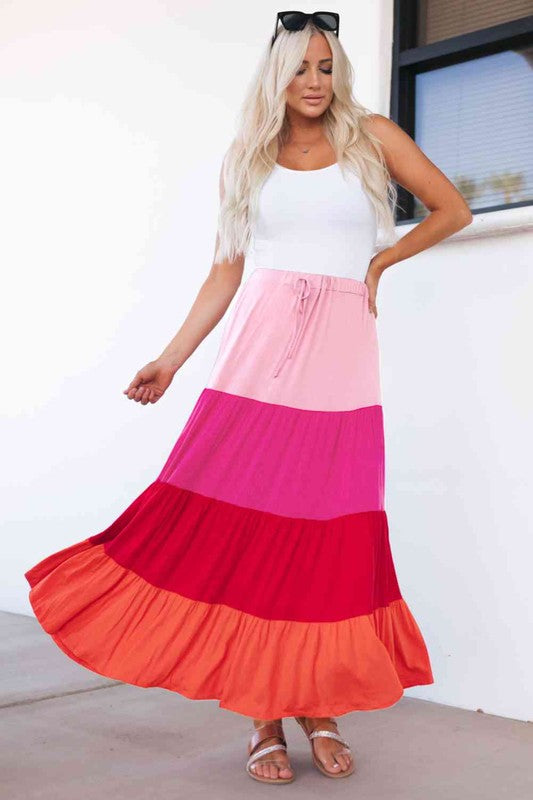 ClaudiaG Collection Stretch Cotton Color Block Tiered Drawstring Maxi Skirt