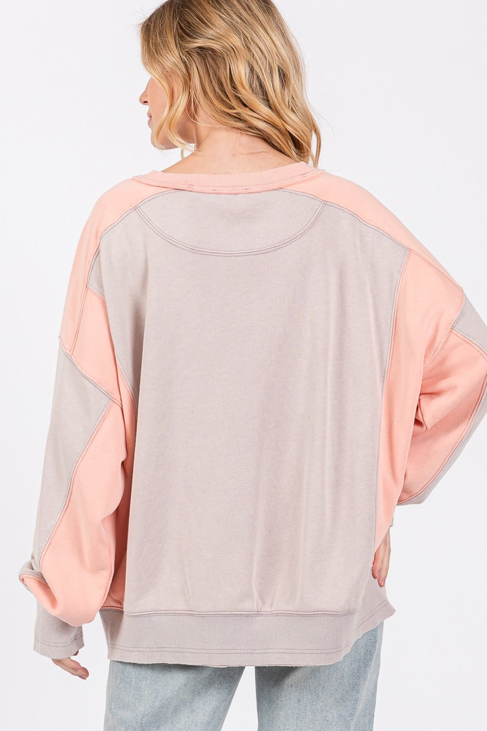 SAGE + FIG Oversized Color Block Round Neck Sweatshirt Top in Gray/Peach