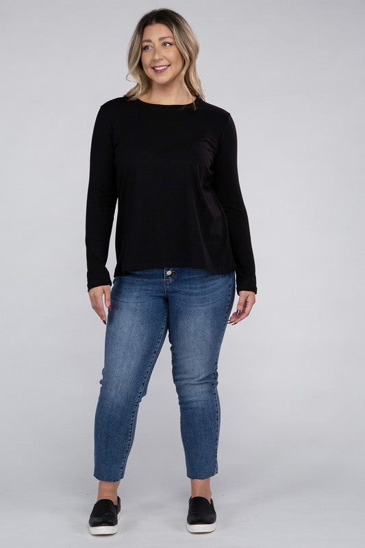 Zenana Plus Cotton Crew Neck Long Sleeve T-Shirt in 3 Colors