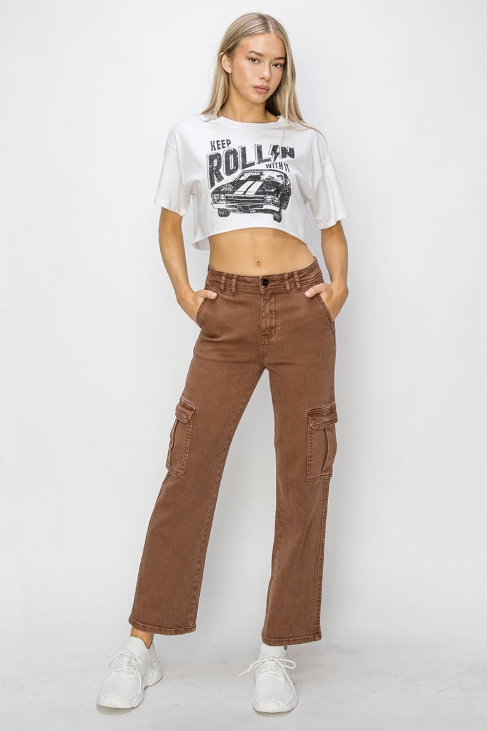 RISEN Full Size High Rise Cargo Jeans in Espresso Brown NWT