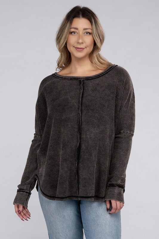 Zenana Plus Color Wash Waffle-Knit Exposed Seam Long Sleeve Boat Neck Top in 2 Colors