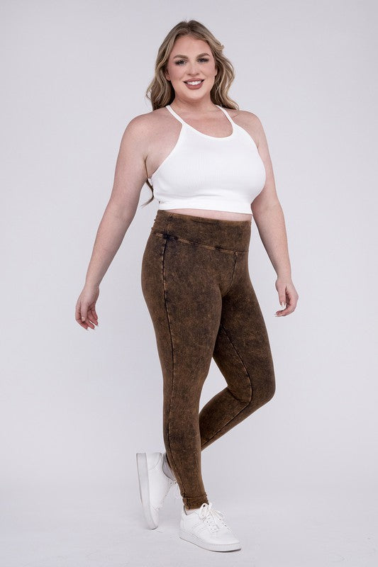 Zenana Plus Mineral Washed Wide Waistband Leggings / Yoga Pants in 3 Colors