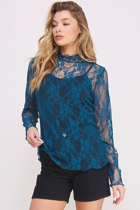 JADE BY JANE PLUS SIZE FLORAL PRINT LACE MOCK NECK TOP