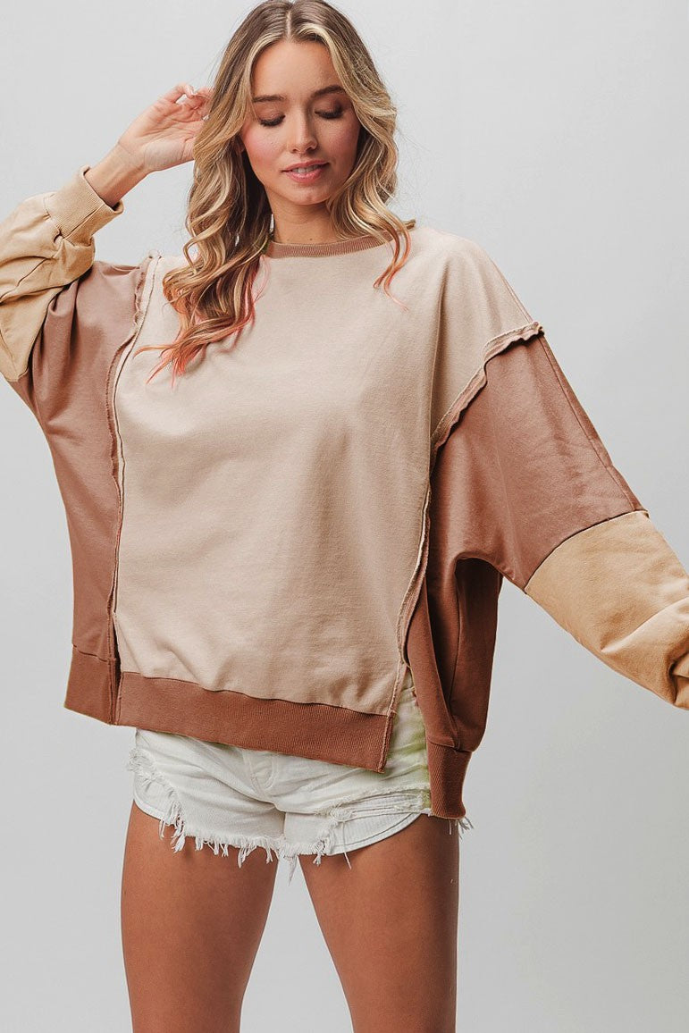 BiBi Washed Color Block Sweatshirt in Taupe