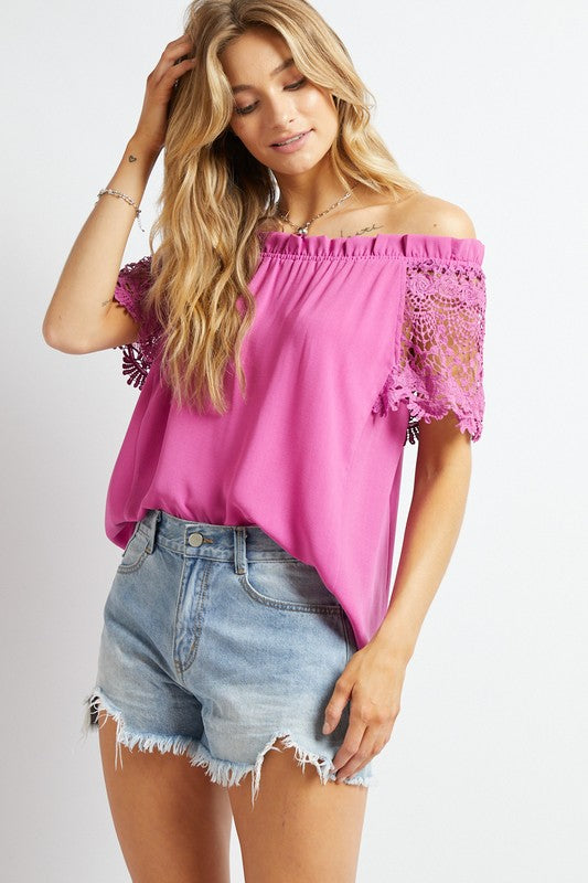 Davi & Dani Crochet Lace Sleeve Off Shoulder Top