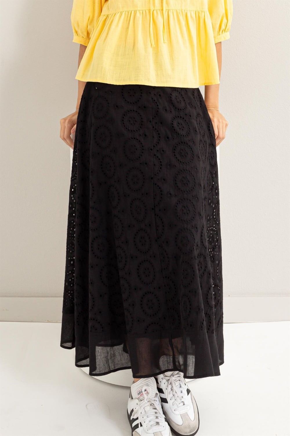 HYFVE Eyelet Cotton High-Waist Pull-On Maxi Skirt in Black