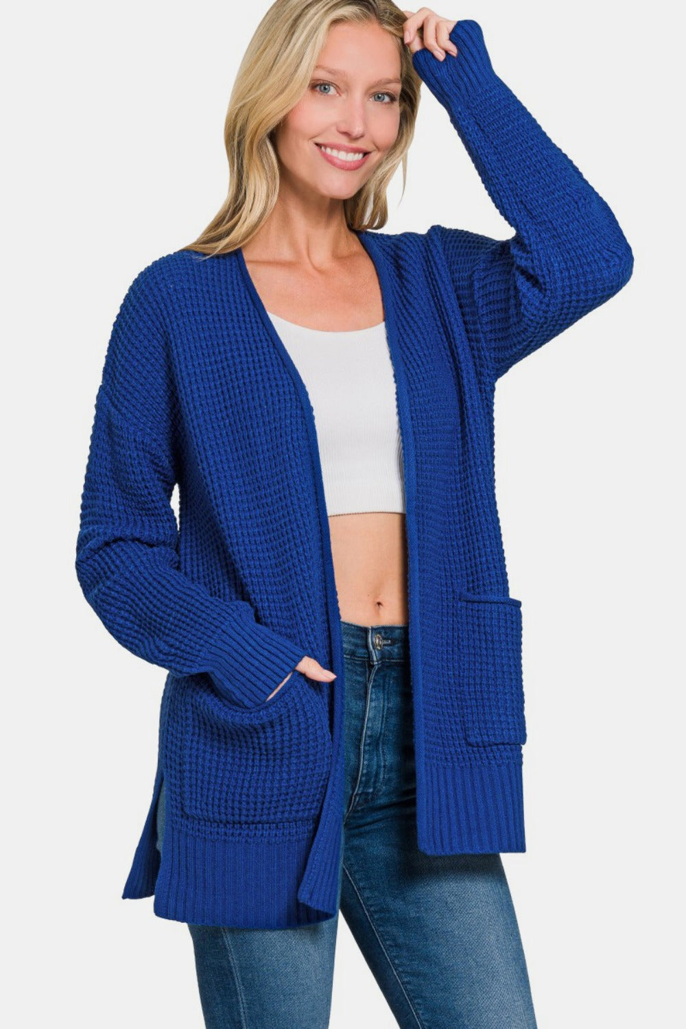 Zenana Waffle-Knit Open Front Tunic Cardigan Sweater with Pockets in Light Navy Blue