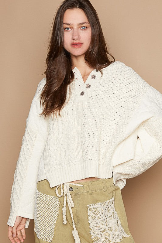 POL Hooded Cable-Knit Cropped Henley Sweater in Beige NWT