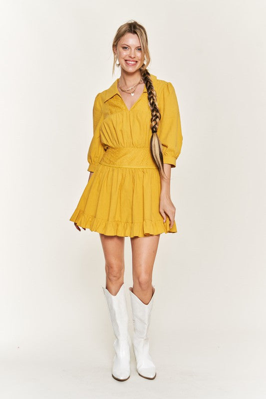 Jade by Jane Plus Eyelet Detail Ruffle Hem 3/4 Puff Sleeve V-Neck Mini Dress in 2 Colors