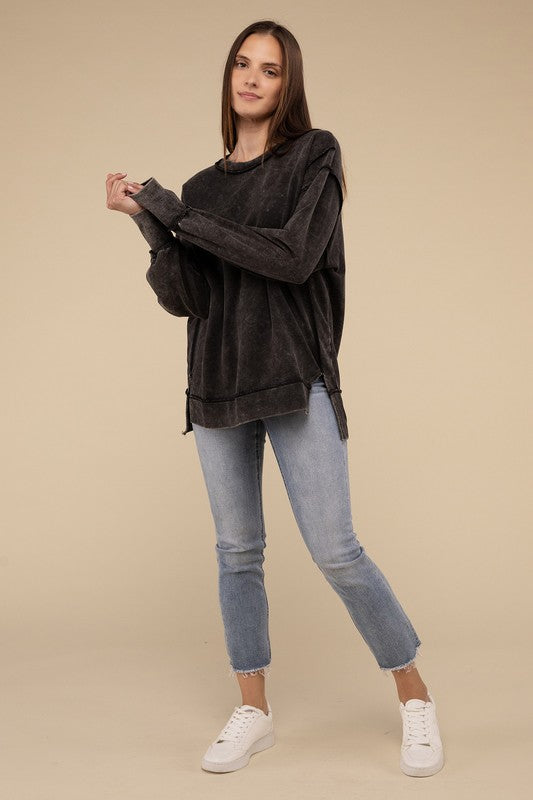 Zenana Acid Wash French Terry Exposed Seam Tunic Sweatshirt in Mocha or Ash Black