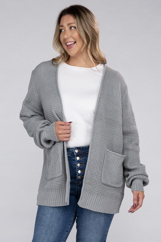 Zenana Plus Waffle-Knit Open Front Tunic Cardigan Sweater with Pockets in 5 Colors