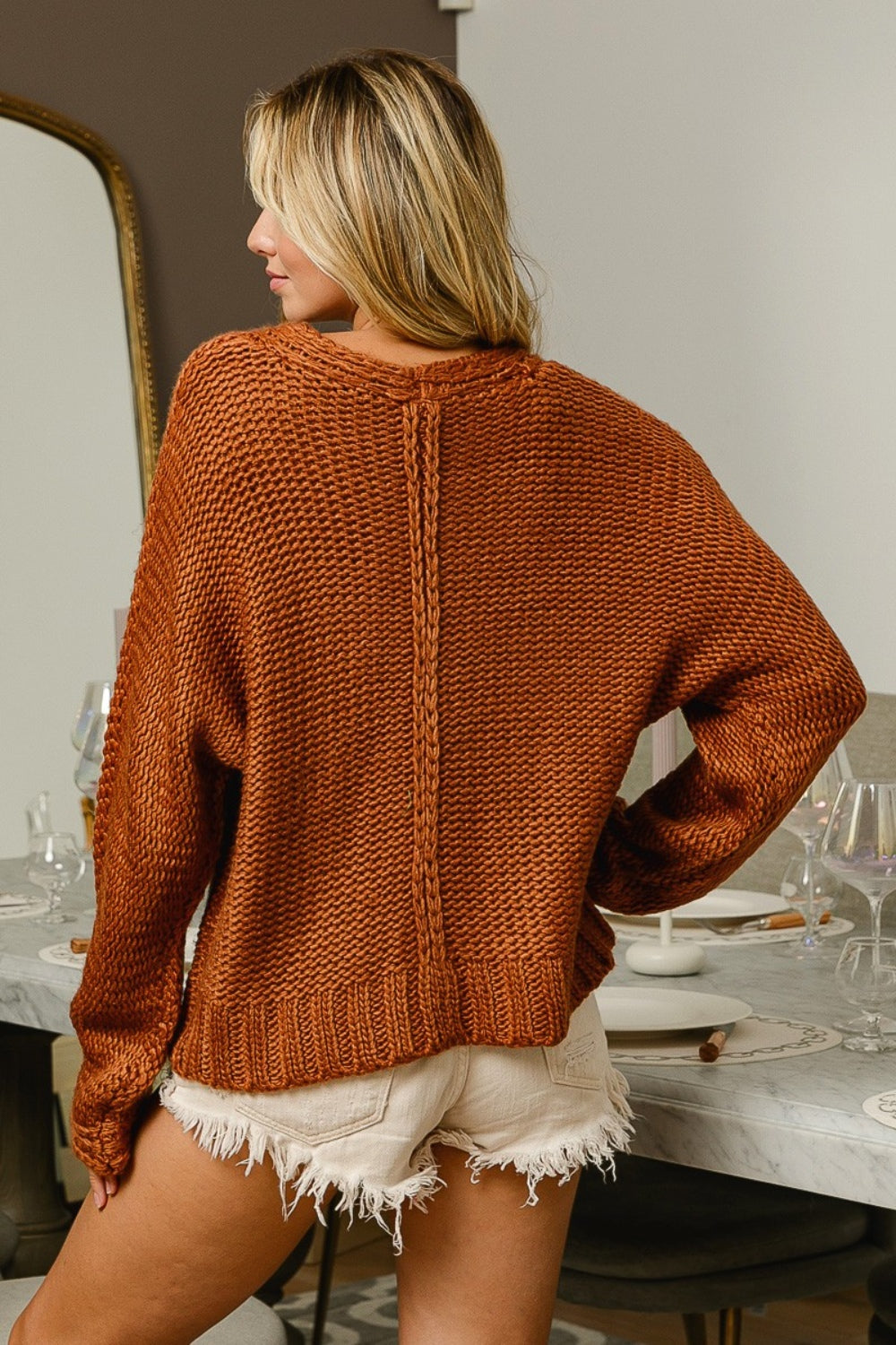 BiBi Seamed Cable Knit V-Neck Sweater in Cinnamon Brown NWT