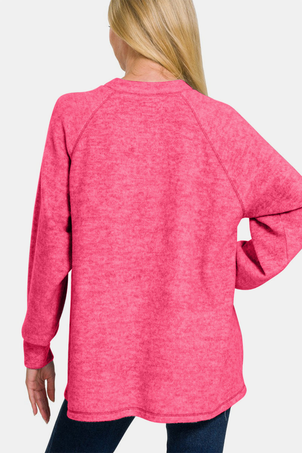 Zenana Brushed Melange Curved Hem Henley Sweater in Fuchsia Pink NWT