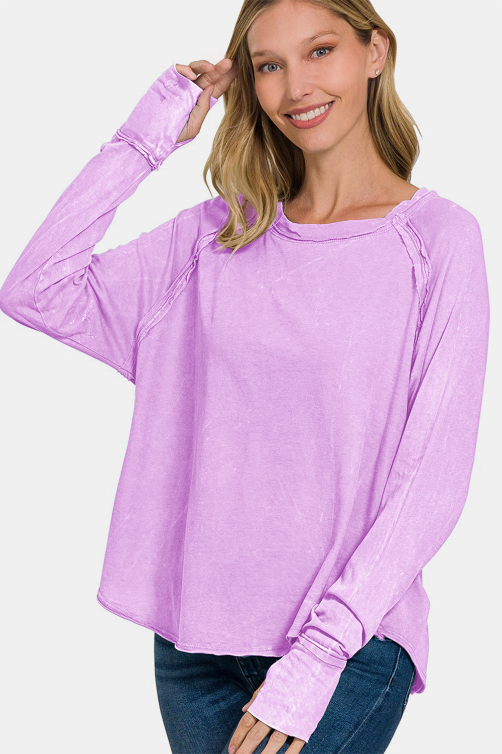 Zenana Thumbhole Cuff Exposed Seam Long Sleeve Round Neck T-Shirt in Lavender Purple NWT