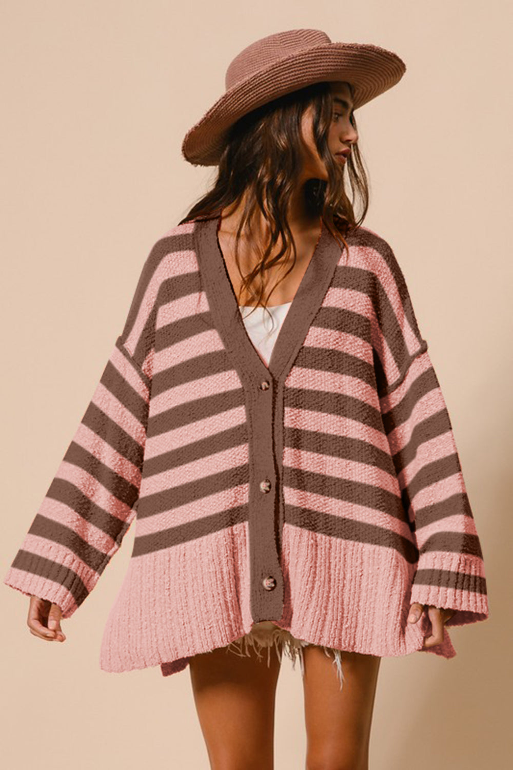 BiBi Striped Button Up V-Neck Tunic A-Line Cardigan Sweater in Blush Pink Multi NWT