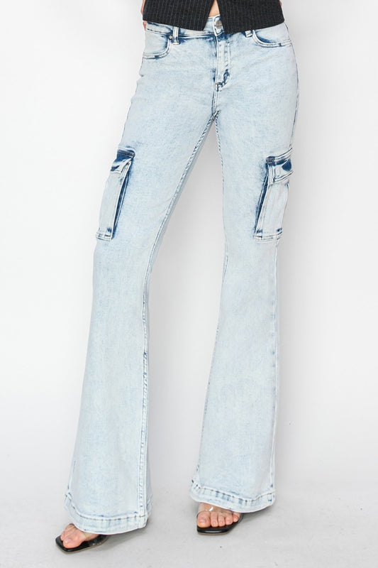 RISEN Full Size High Rise Cargo Flare Leg Jeans in Acid Wash Light Blue