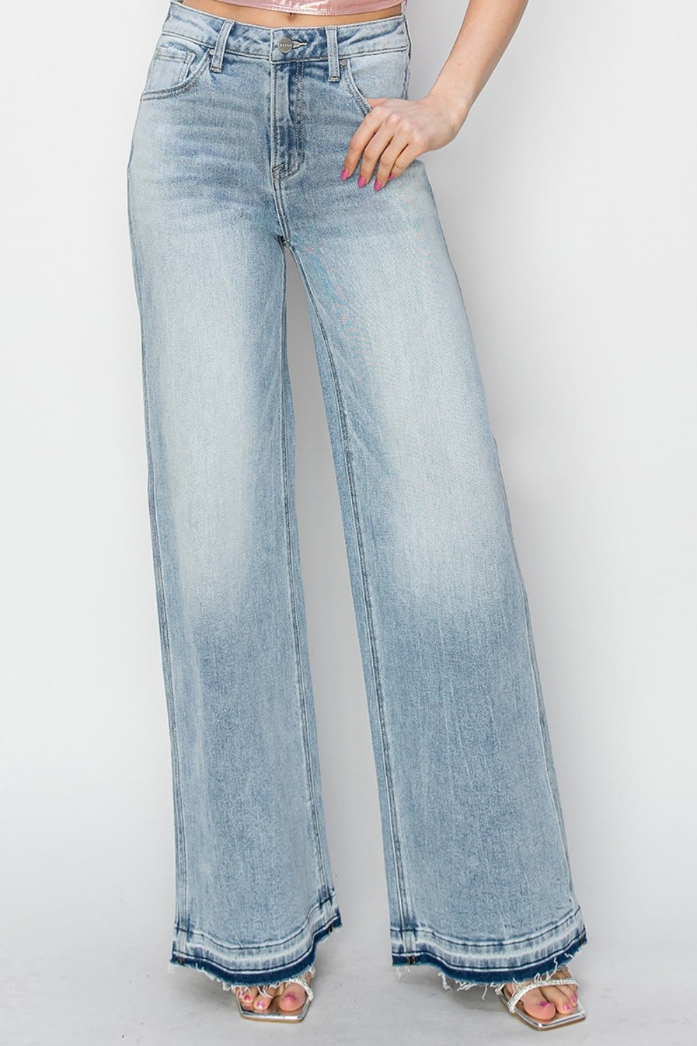 RISEN Full Size High Rise Raw Hem Wide Leg Jeans in Light Wash Blue