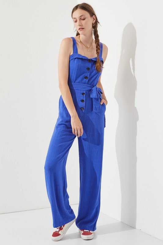 JADE BY JANE SLEEVELESS ADJUSTABLE STRAP BUTTON DOWN JUMPSUIT IN 2 COLORS