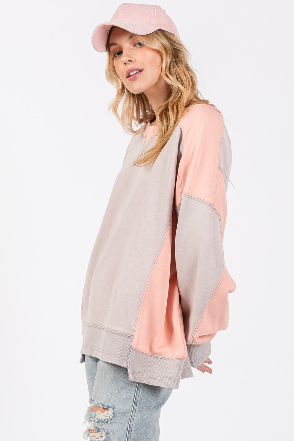 SAGE + FIG Oversized Color Block Round Neck Sweatshirt Top in Gray/Peach