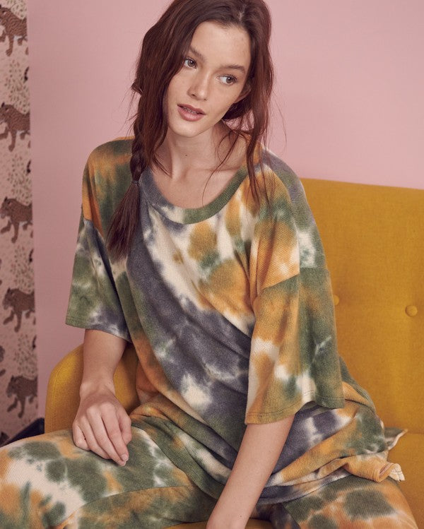 Jade By Jane Plus Size Brushed Rib Tie-Dye Top & Wide Leg Sweatpants Lounge Set in 3 Colors