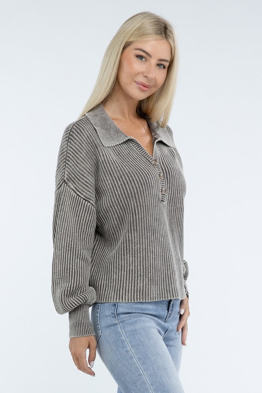 Zenana Color Washed Ribbed Collared Henley V-Neck Sweater in 6 Colors NWT