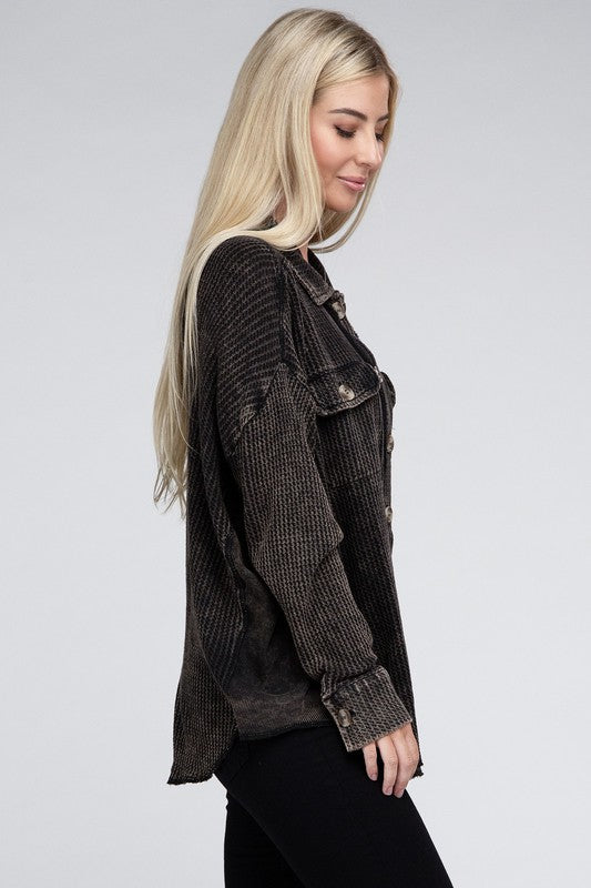 Zenana Acid Washed Oversized Waffle-Knit Shirt Jacket in Ash Black