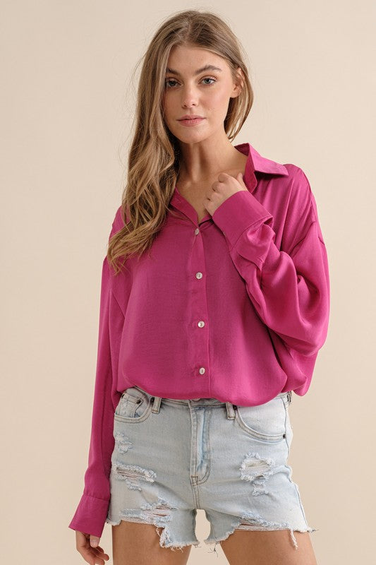 Sweet Generis Satin Long Sleeve Button-Down Top in 6 Colors