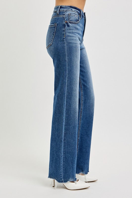 RISEN Tummy Control High Rise Raw Hem Jeans in Dark Wash Blue