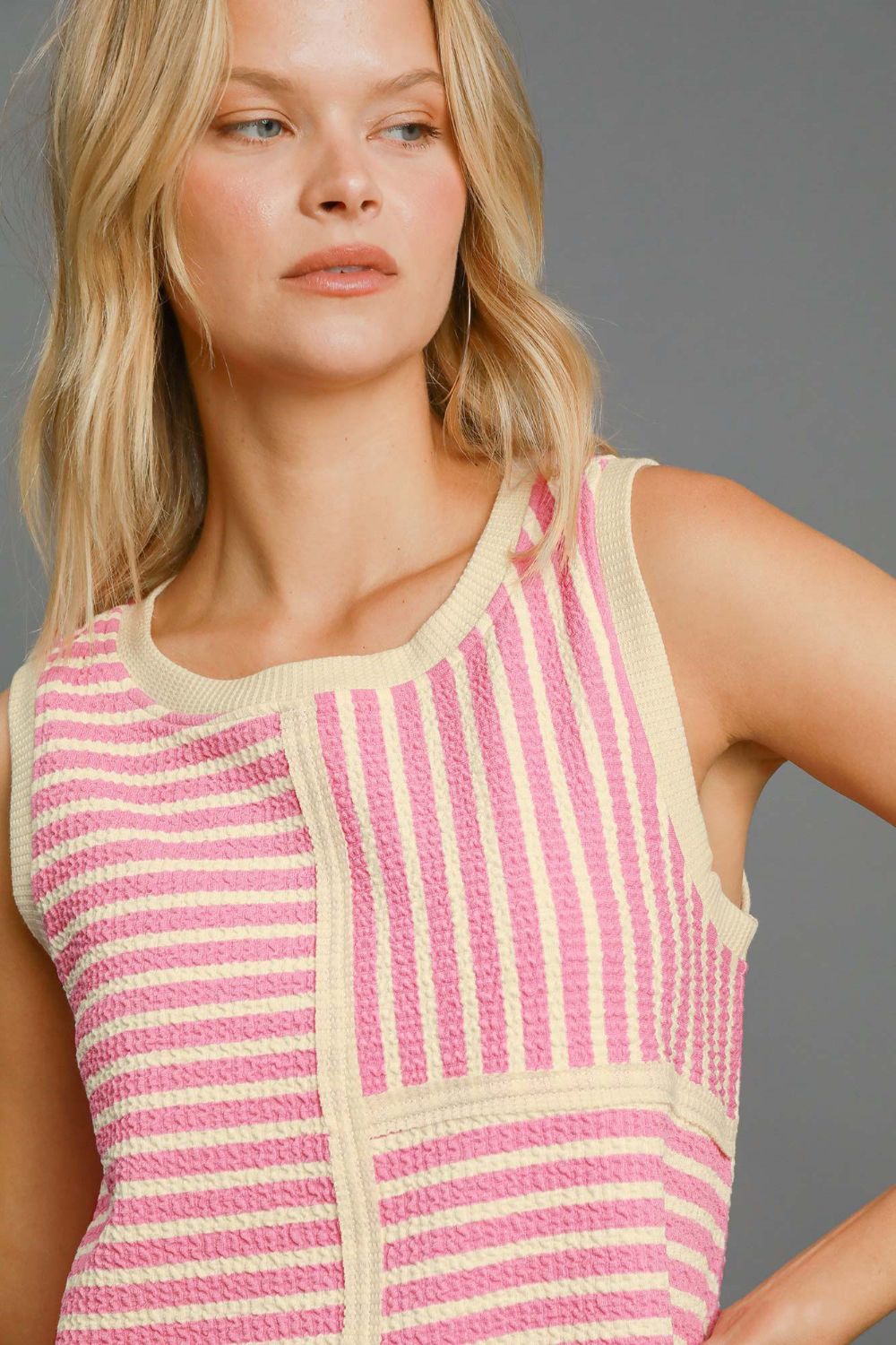 Umgee Striped Textured Round Neck Tank Top in Pink Multi NWT