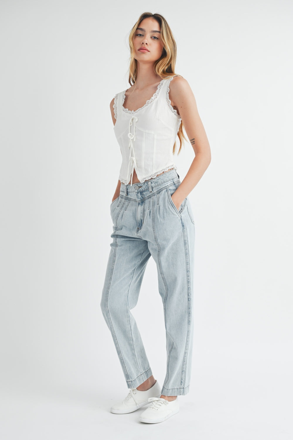 MABLE Pleated Front Straight Ankle Jeans