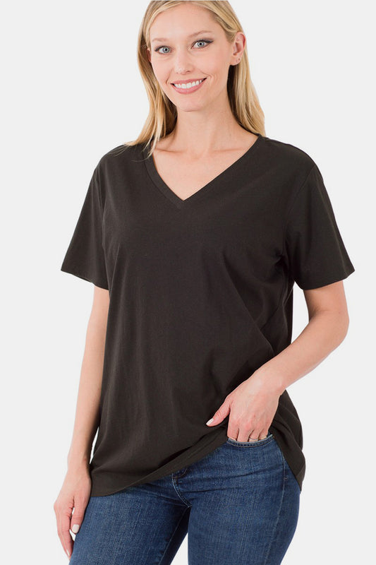 Zenana Classic Cotton V-Neck Short Sleeve T-Shirt in Black