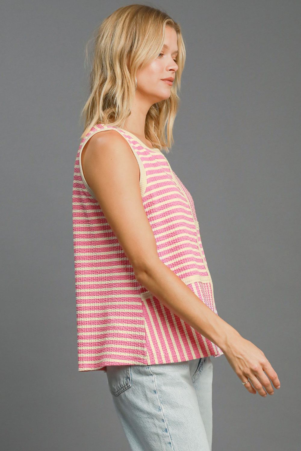 Umgee Striped Textured Round Neck Tank Top in Pink Multi NWT