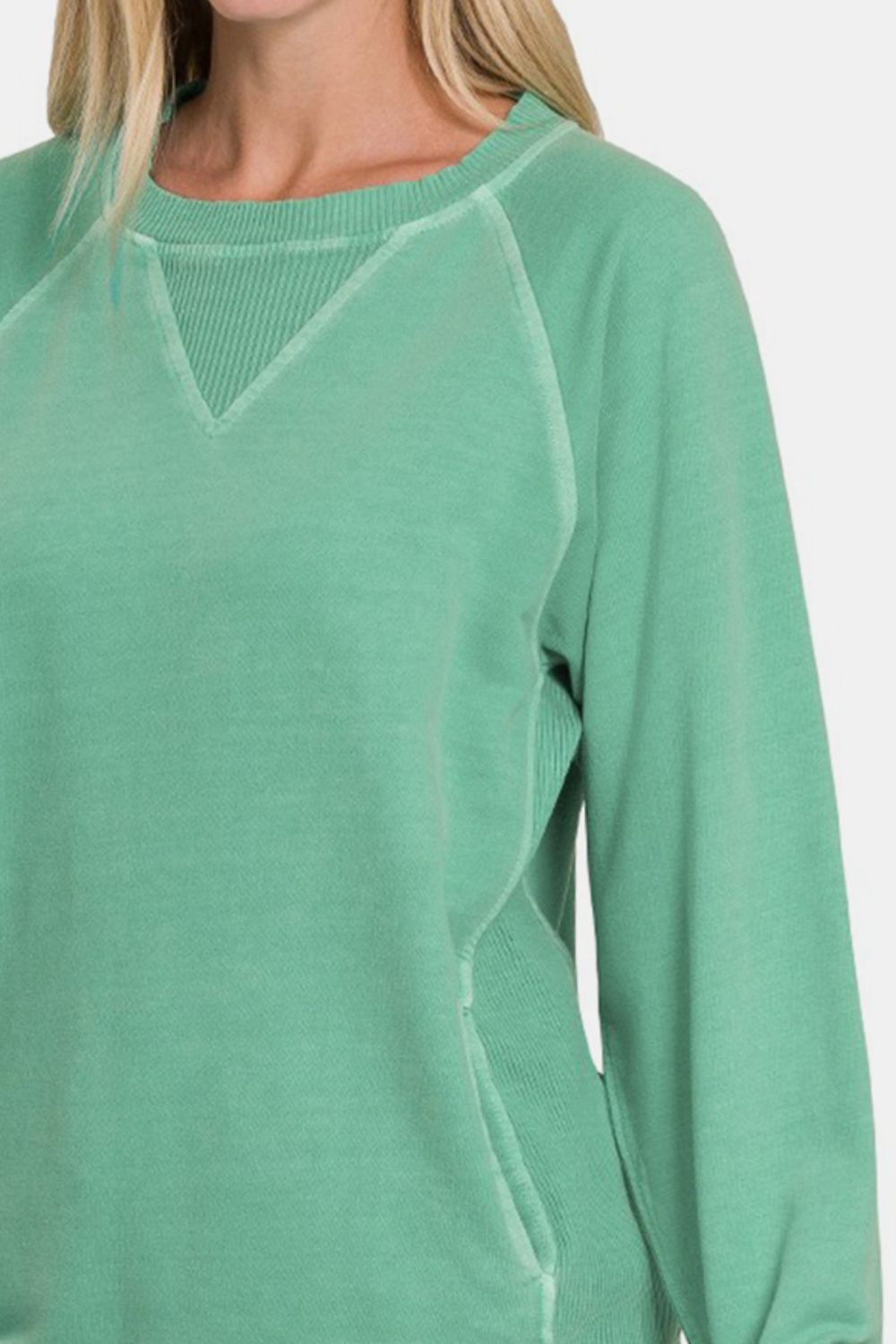 Zenana Pocketed Crew Neck Sweatshirt in Sea Green