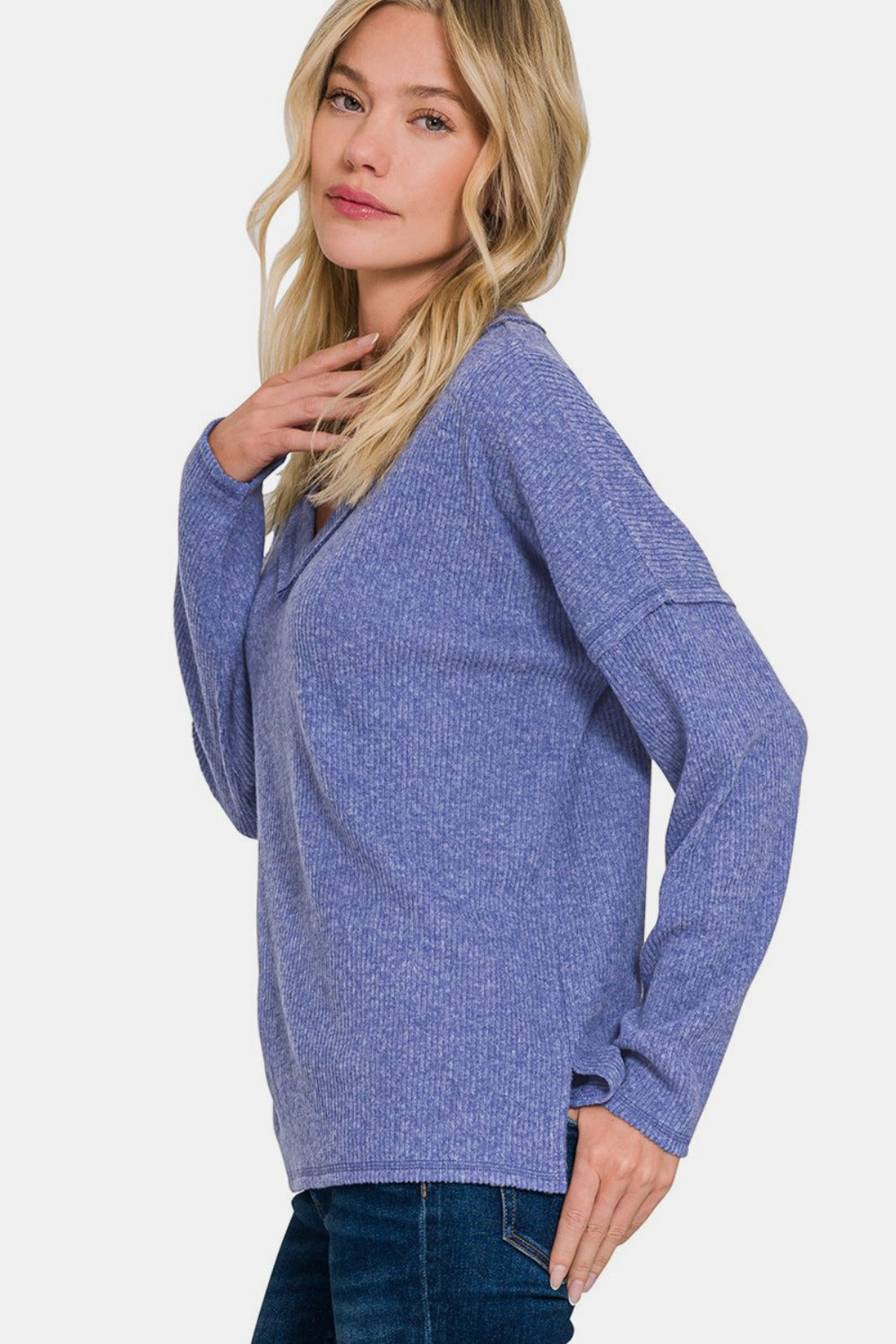 Zenana Exposed Seam Ribbed Long Sleeve V-Neck Top in Marlin Blue Sizes S to 3XL