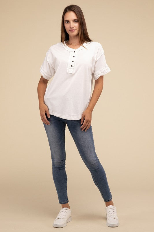 Zenana Cotton Raw Edge Short Sleeve Henley T-Shirt in 4 Colors